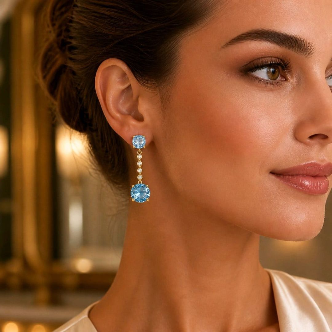 Pendientes Oro Amarillo 18K con Aguamarina y Circonitas