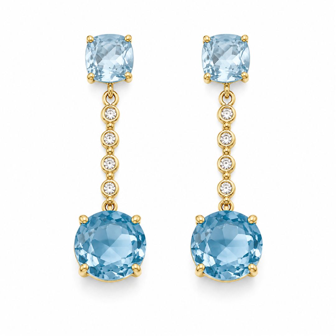 Pendientes Oro Amarillo 18K con Aguamarina y Circonitas