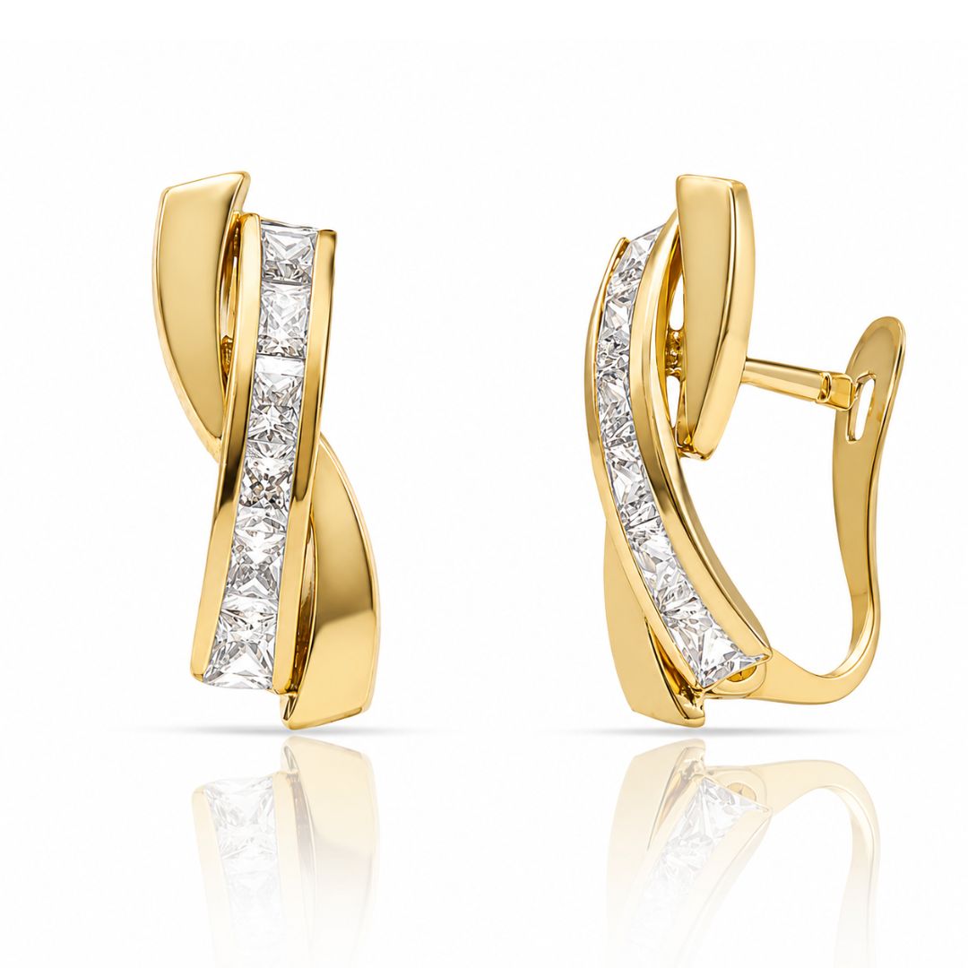 Pendientes Oro Amarillo 18K con Circonitas y Diseño Ondulado
