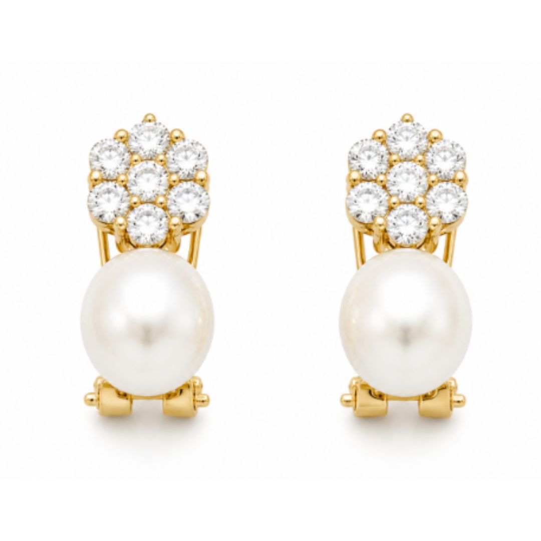 Pendientes Oro Amarillo 18K con Perlas Cultivadas y Rosetón de Circonitas