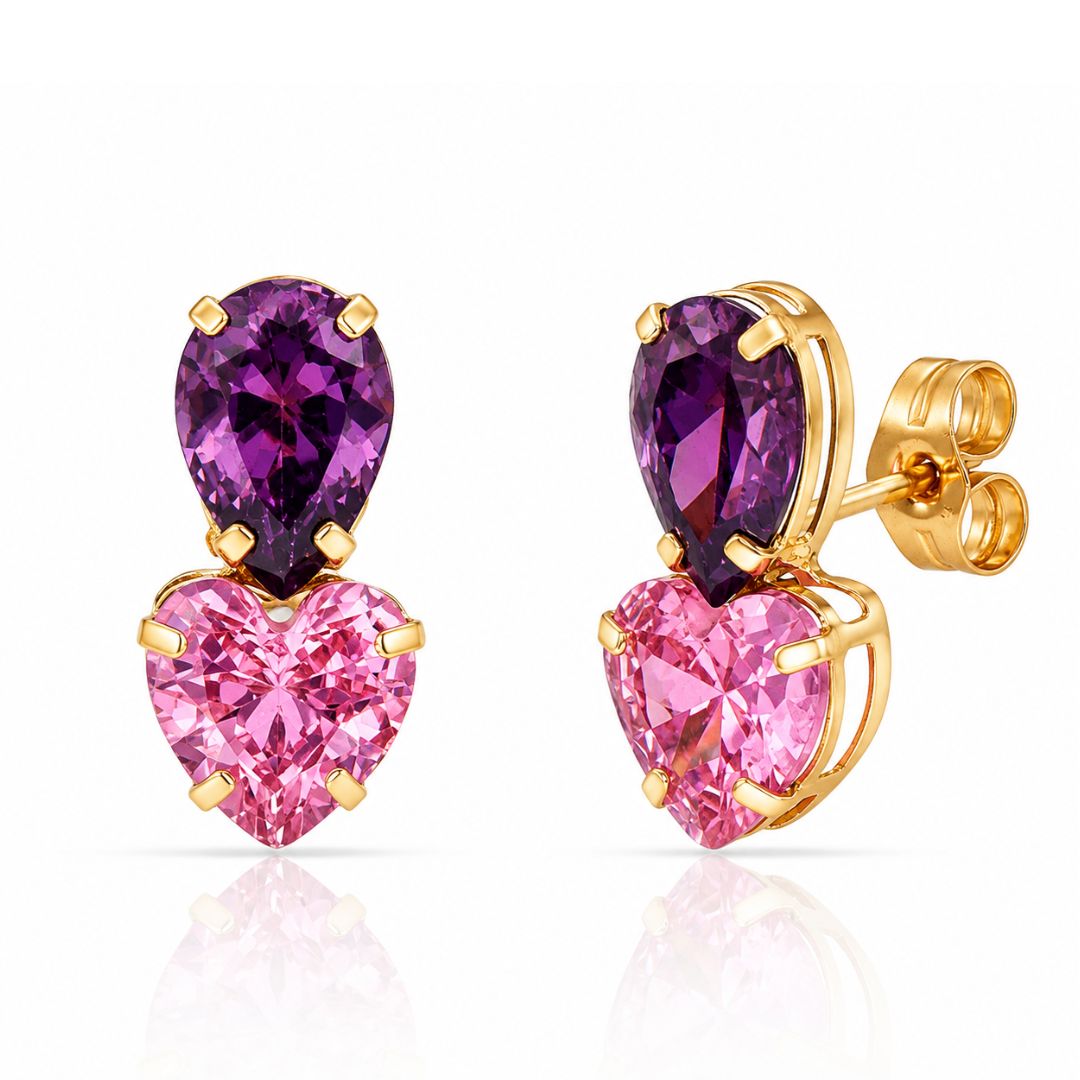 Pendientes Oro Amarillo 18K con Piedras Rosa y Violeta