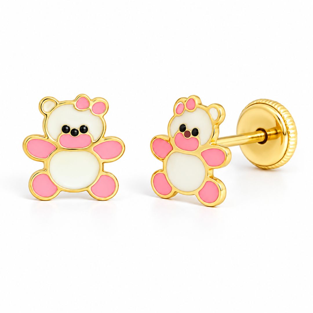 Pendientes Osito con Esmalte Rosa y Cierre de Rosca