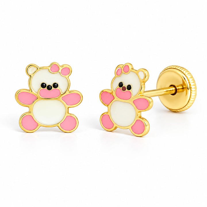 Pendientes Osito con Esmalte Rosa y Cierre de Rosca