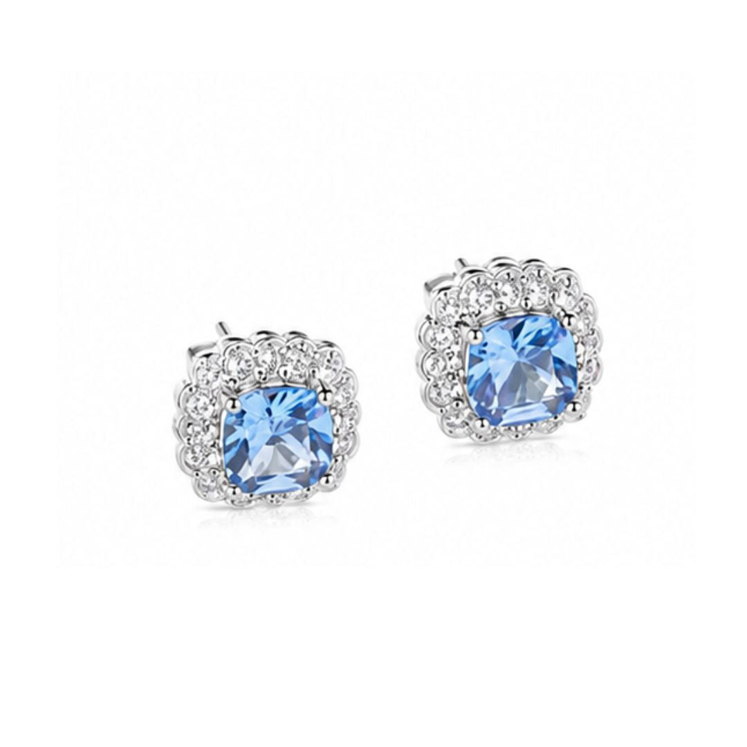 Pendientes Plata 925 con Circonita Azul de Talla Cushion y Halo de Circonitas