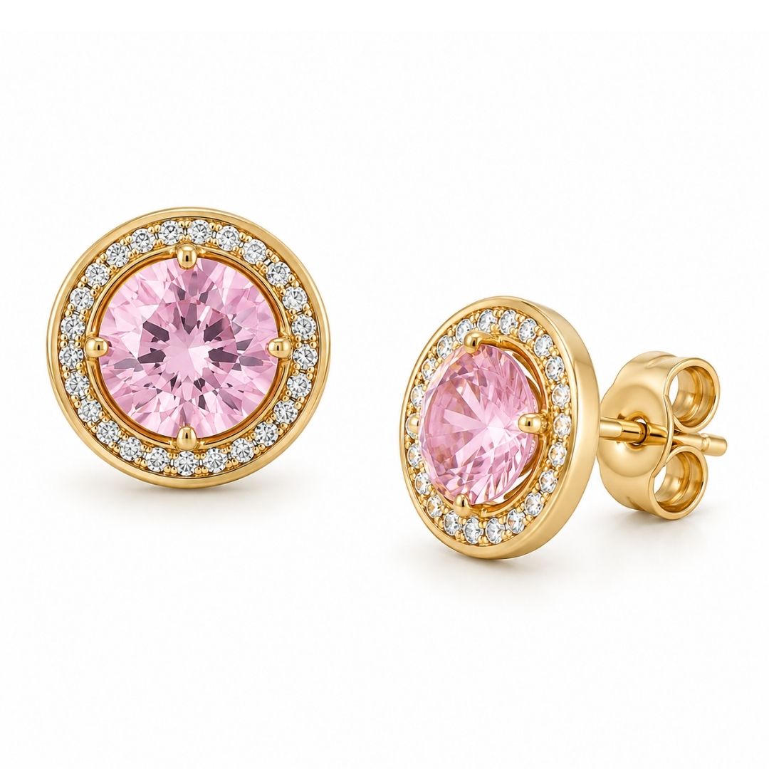 Pendientes Redondos de Oro 18K con Piedra Rosa de Francia y Circonitas