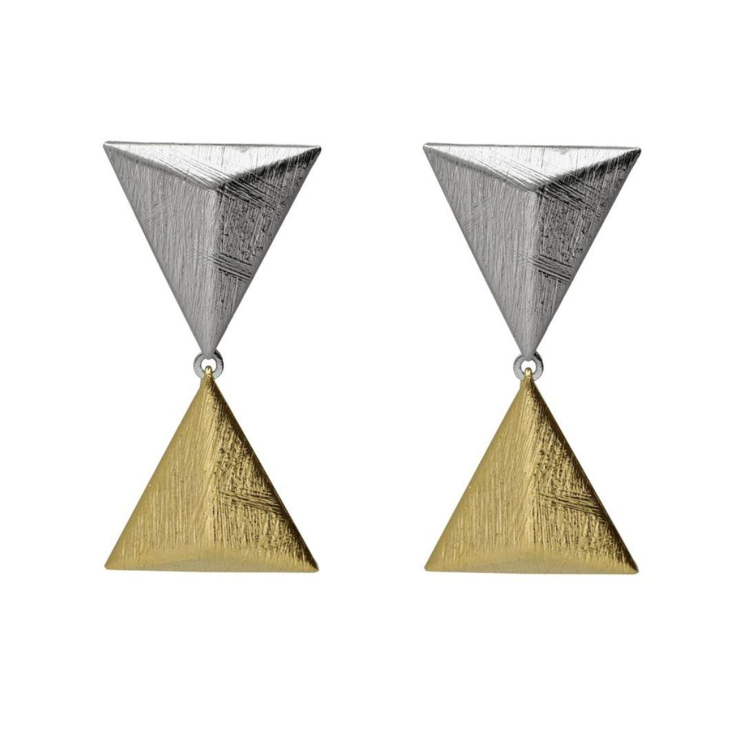 Pendientes Triángulo Bicolor Geométrico en Plata de Ley