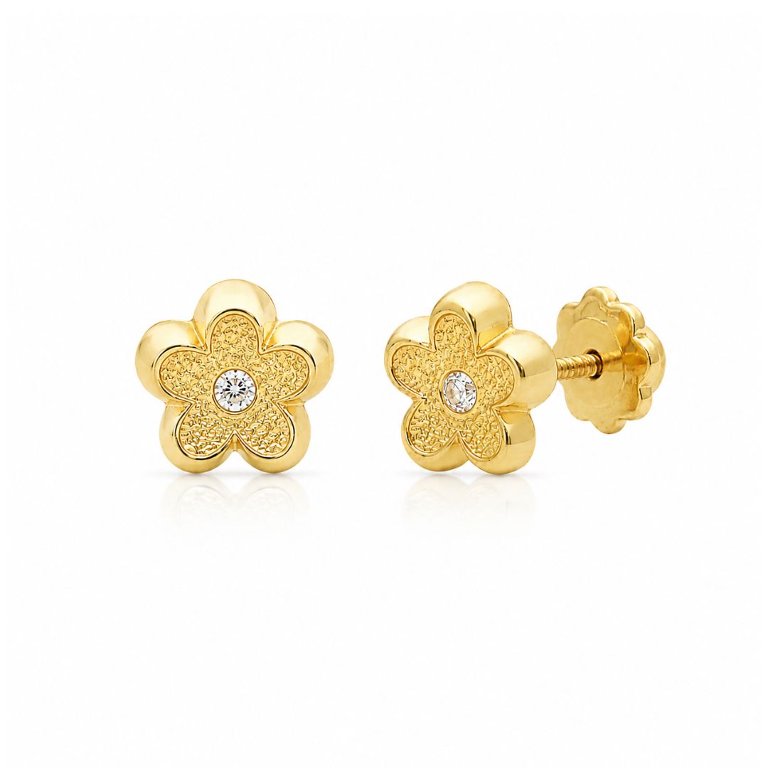 Pendientes Flor Matizados Oro 18K con Circonita