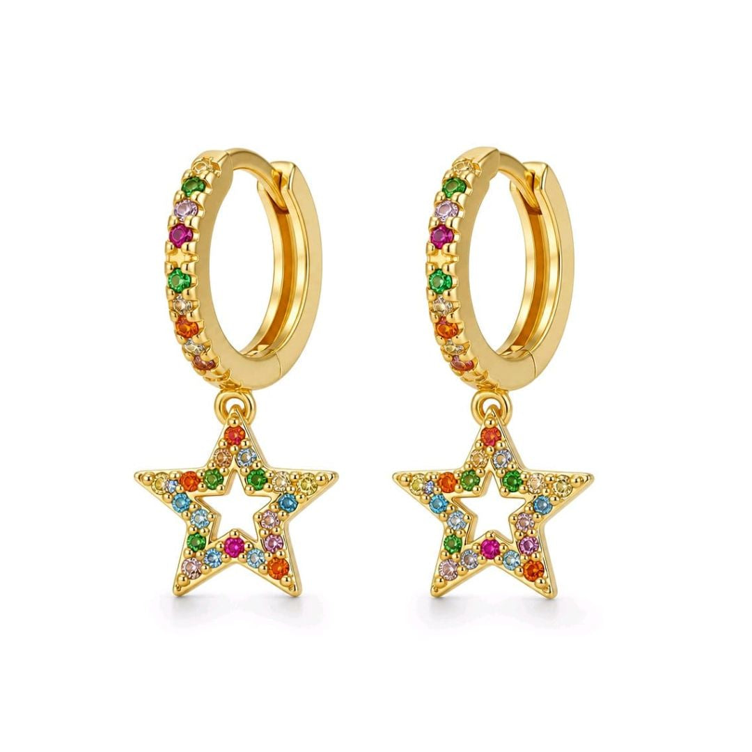 Pendientes de Aro con Estrellas y Circonitas de Colores