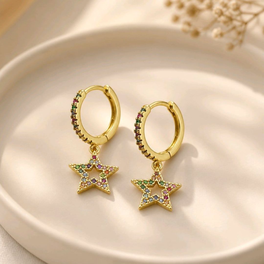 Pendientes de Aro con Estrellas y Circonitas de Colores