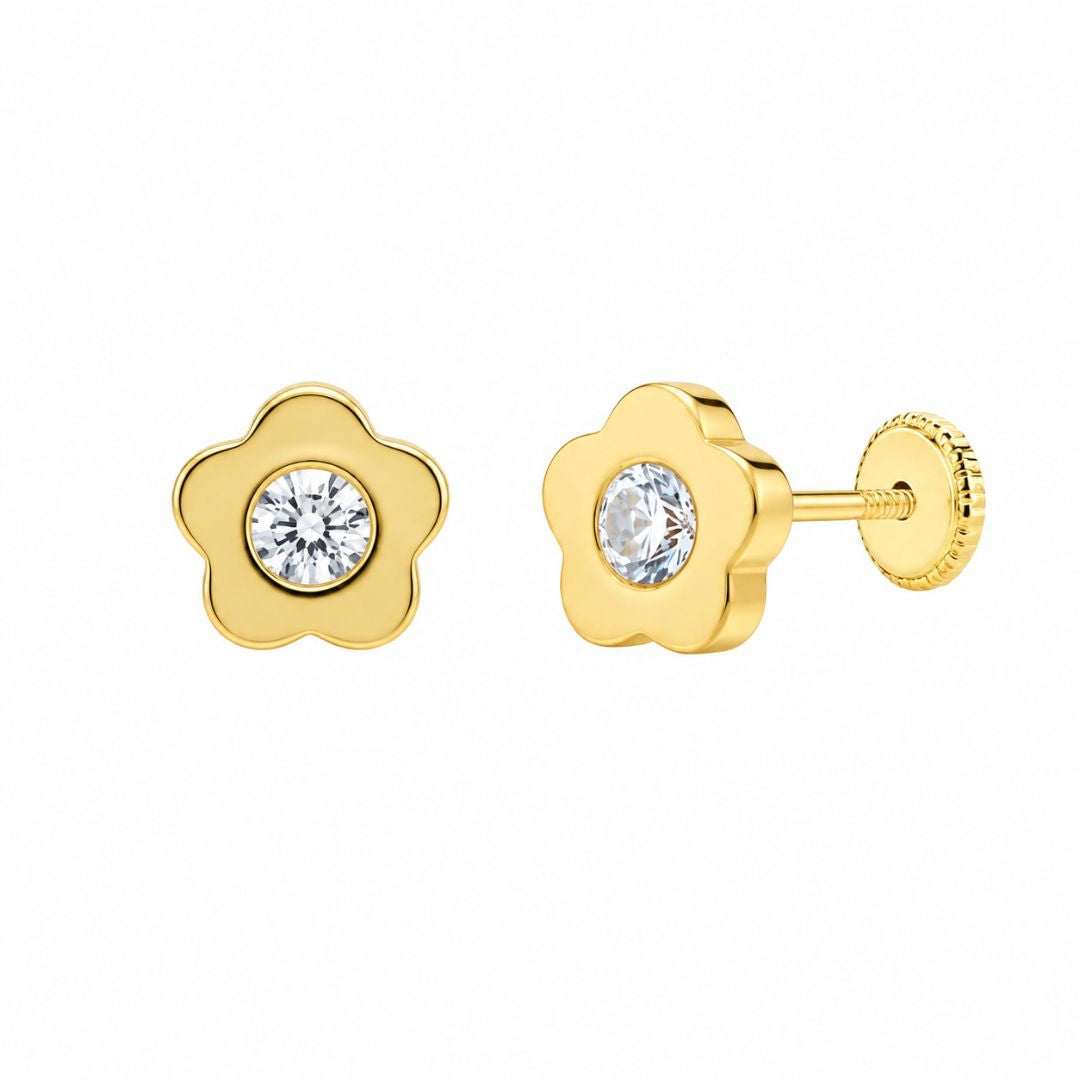 Pendientes de Bebé en Oro 18K Flor con Circonita