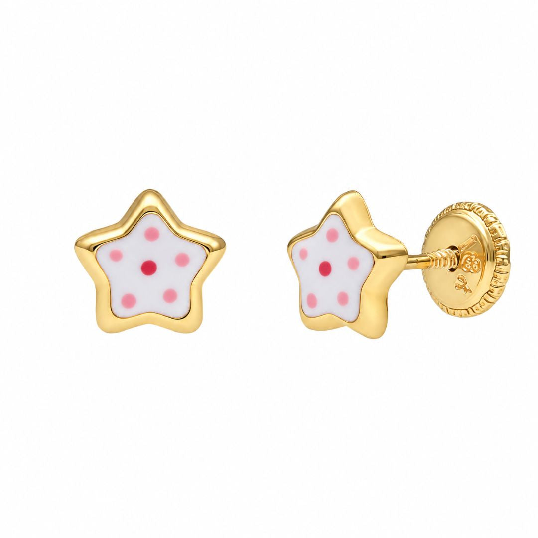 Pendientes de Bebé en Oro 18K con Estrella Blanca Esmaltada