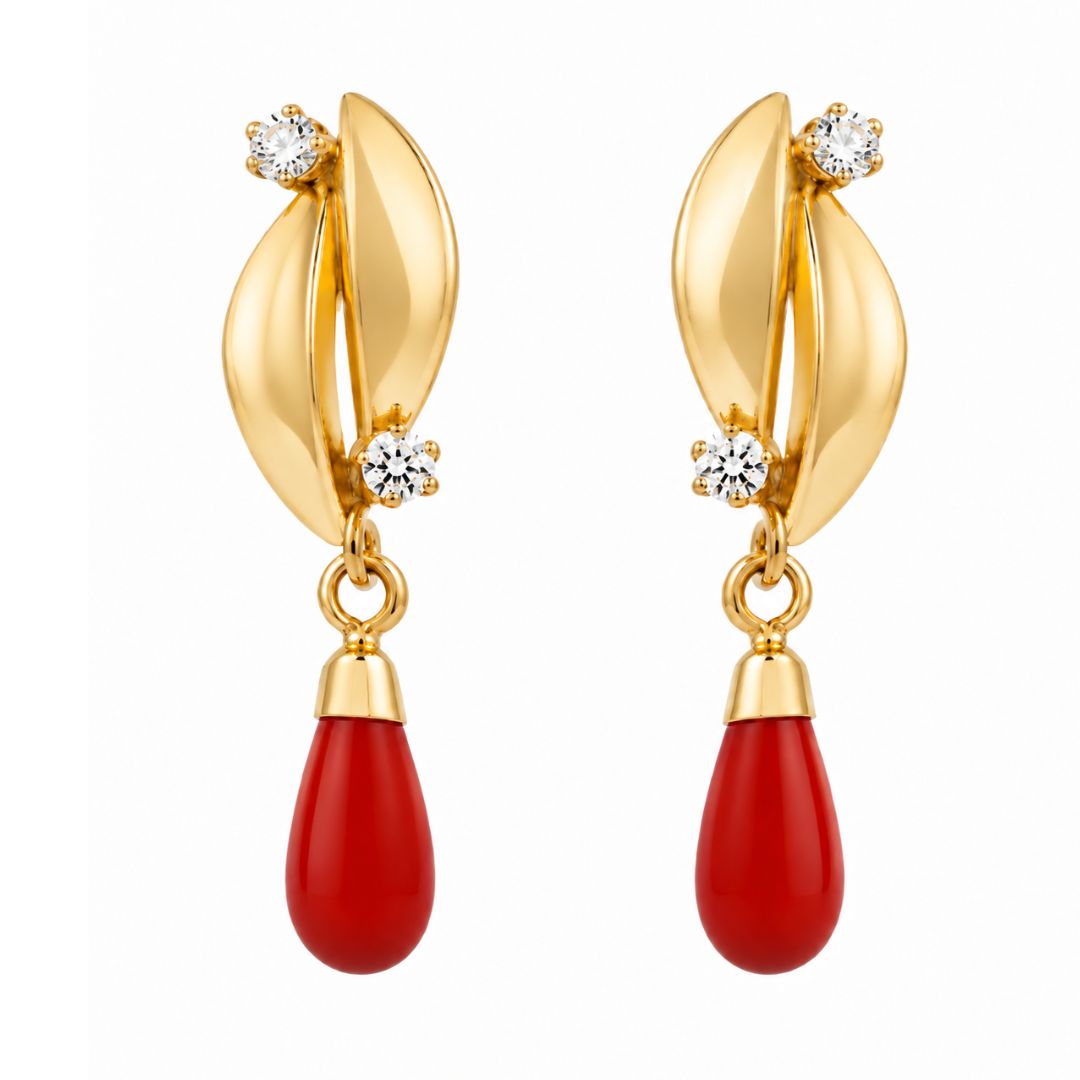 Pendientes de Oro 18K con Coral Sintético y Circonitas