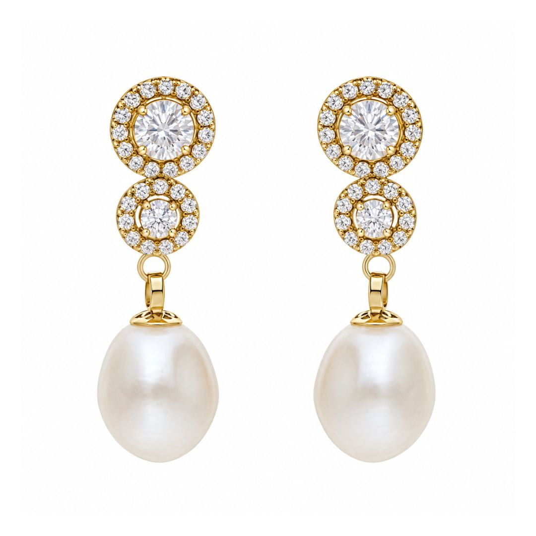 Pendientes de Oro 18K con Doble Halo de Circonitas y Perlas
