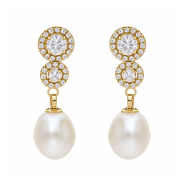 Pendientes de Oro 18K con Doble Halo de Circonitas y Perlas