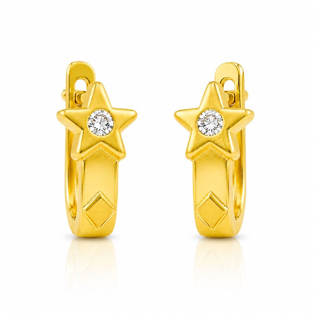 Pendientes de Oro 18K con Estrella y Circonita – Acabado Mate y Brillo