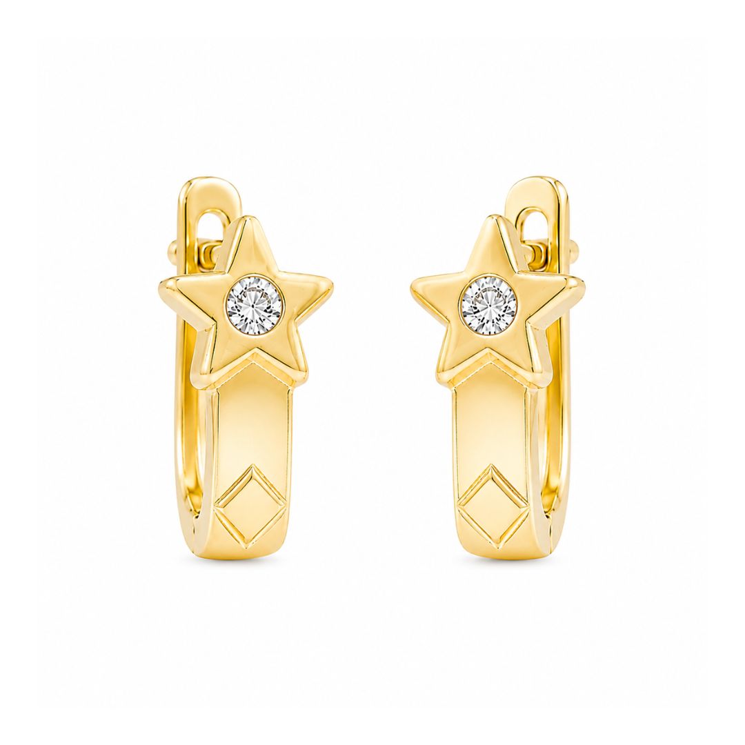 Pendientes de Oro 18K con Estrella y Circonita – Acabado Mate y Brillo