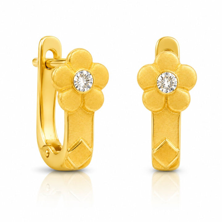 Pendientes de Oro 18K con Flor y Circonita – Acabado Mate y Brillo