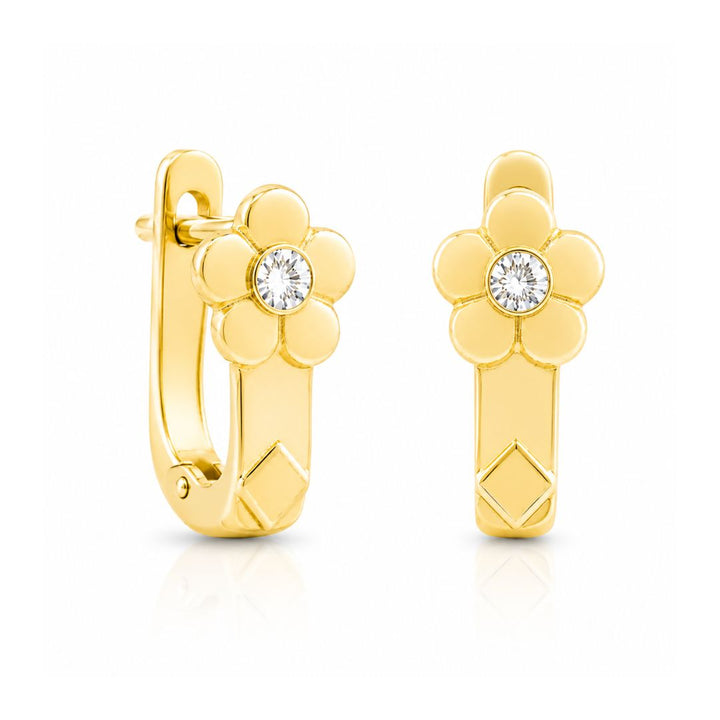 Pendientes de Oro 18K con Flor y Circonita – Acabado Mate y Brillo