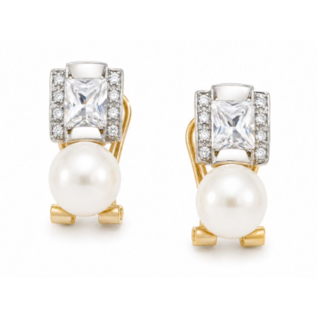 Pendientes de Oro Blanco 18K con Perlas Cultivadas y Circonitas