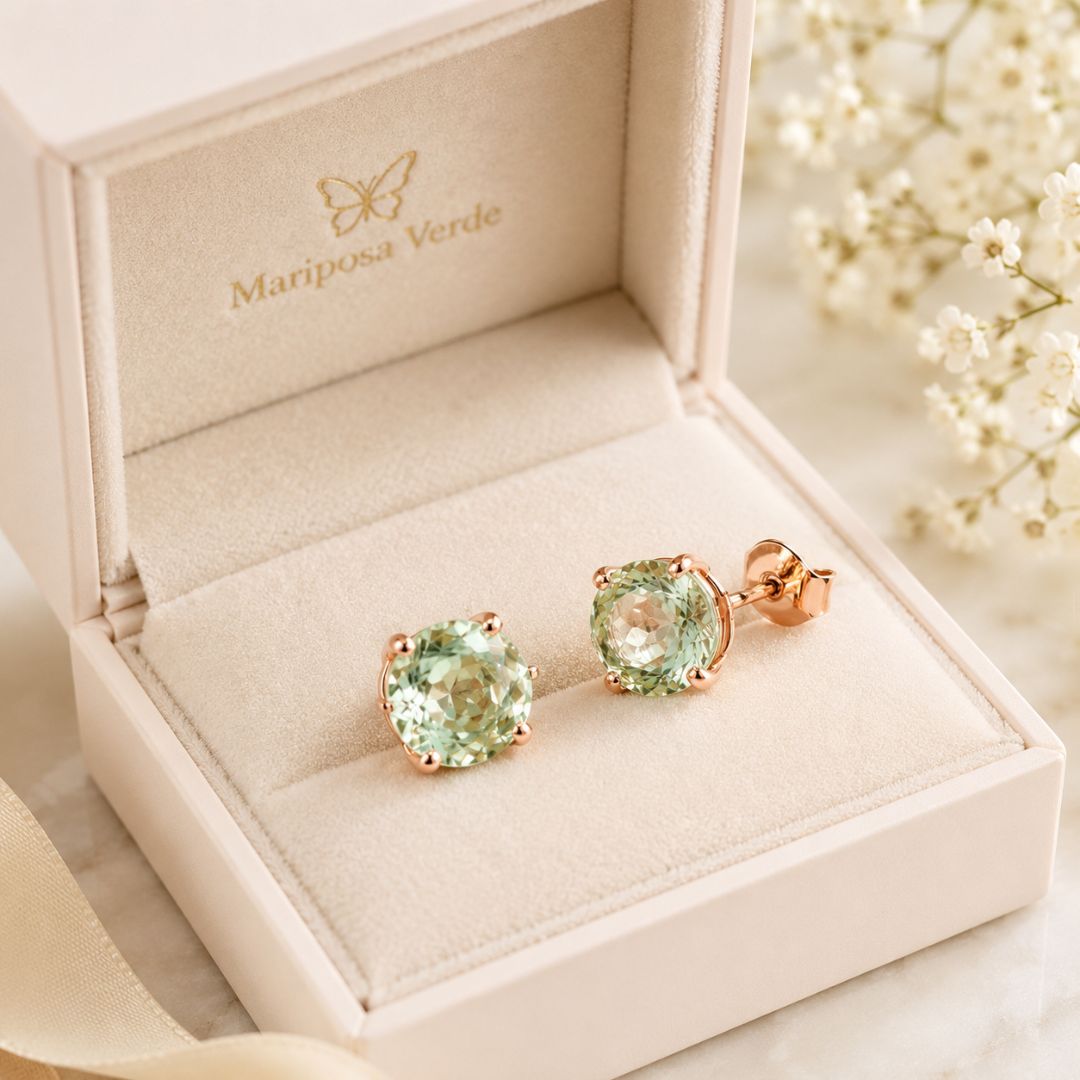 Pendientes de Plata 925 Bañada en Oro Rosa con Amatista Verde