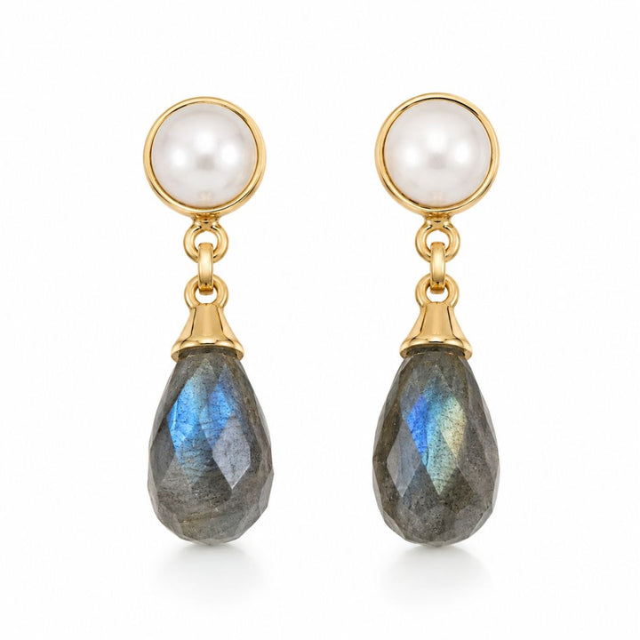 Pendientes de Plata 925 Chapada en Oro con Perla y Labradorita
