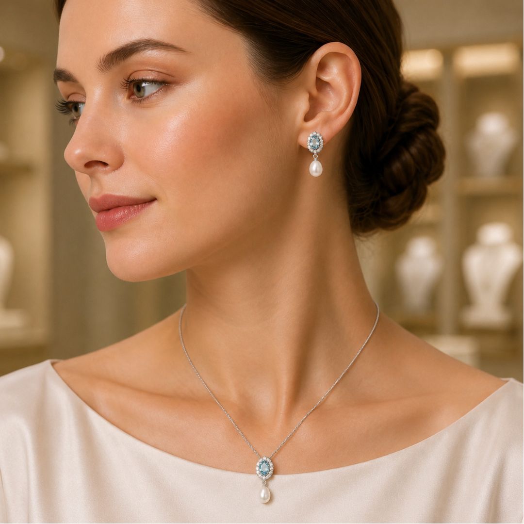 Pendientes de Plata 925 con Piedra en Tono Azul y Perla Natural