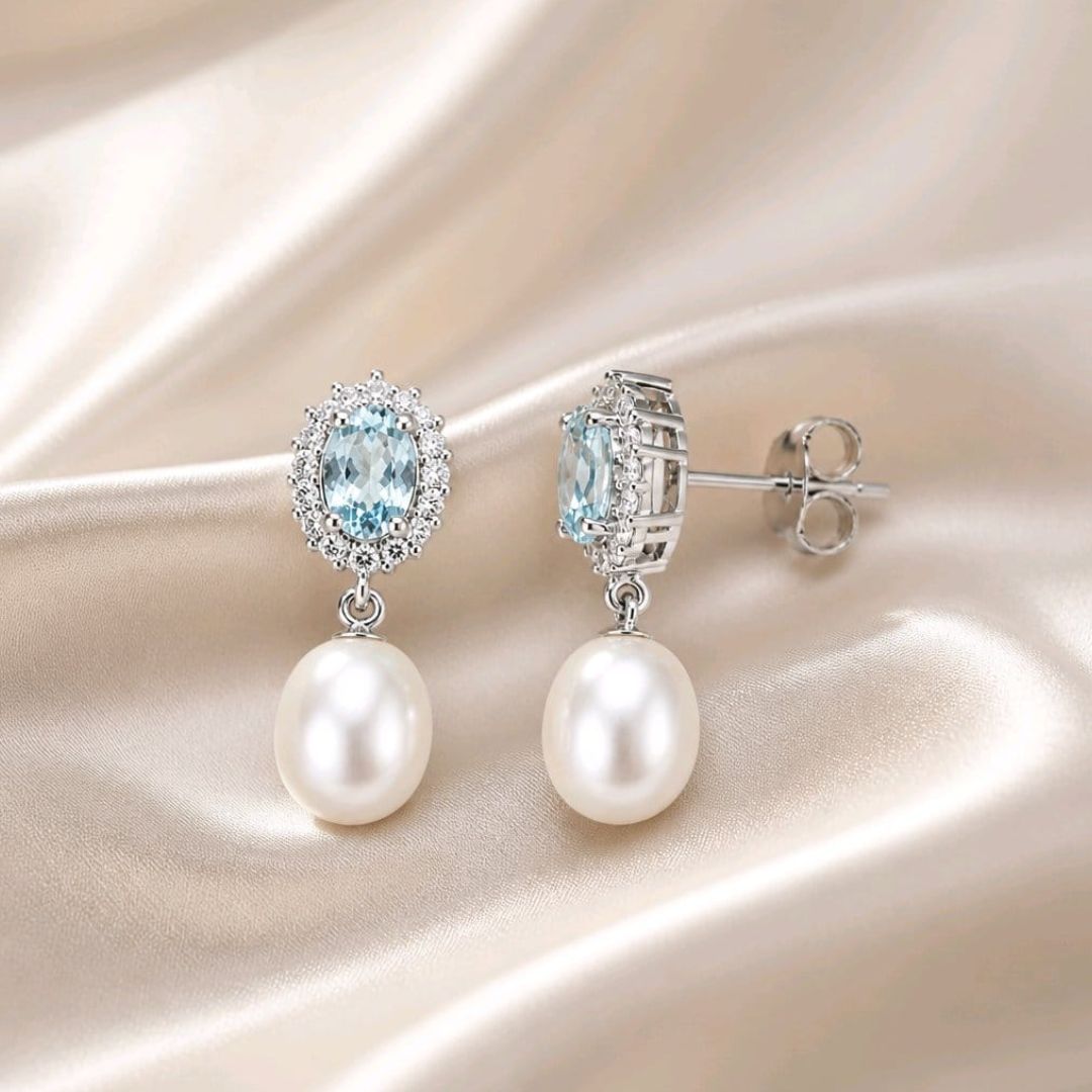 Pendientes de Plata 925 con Piedra en Tono Azul y Perla Natural