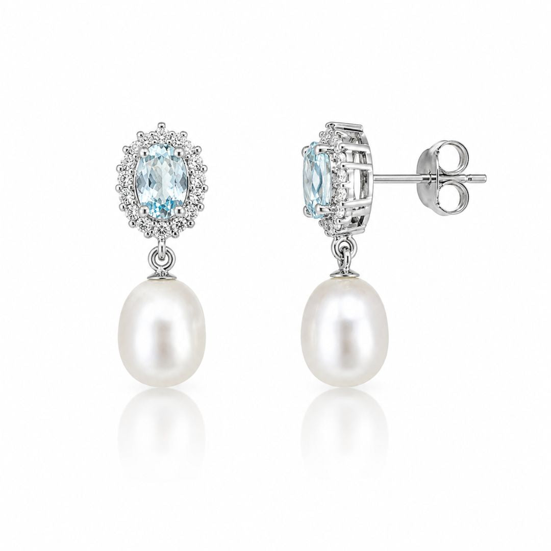 Pendientes de Plata 925 con Piedra en Tono Azul y Perla Natural