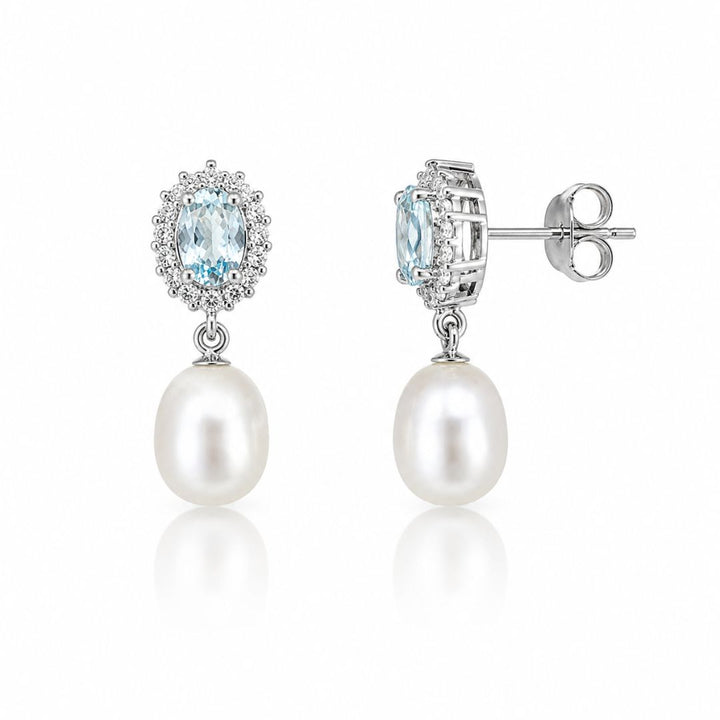 Pendientes de Plata 925 con Piedra en Tono Azul y Perla Natural