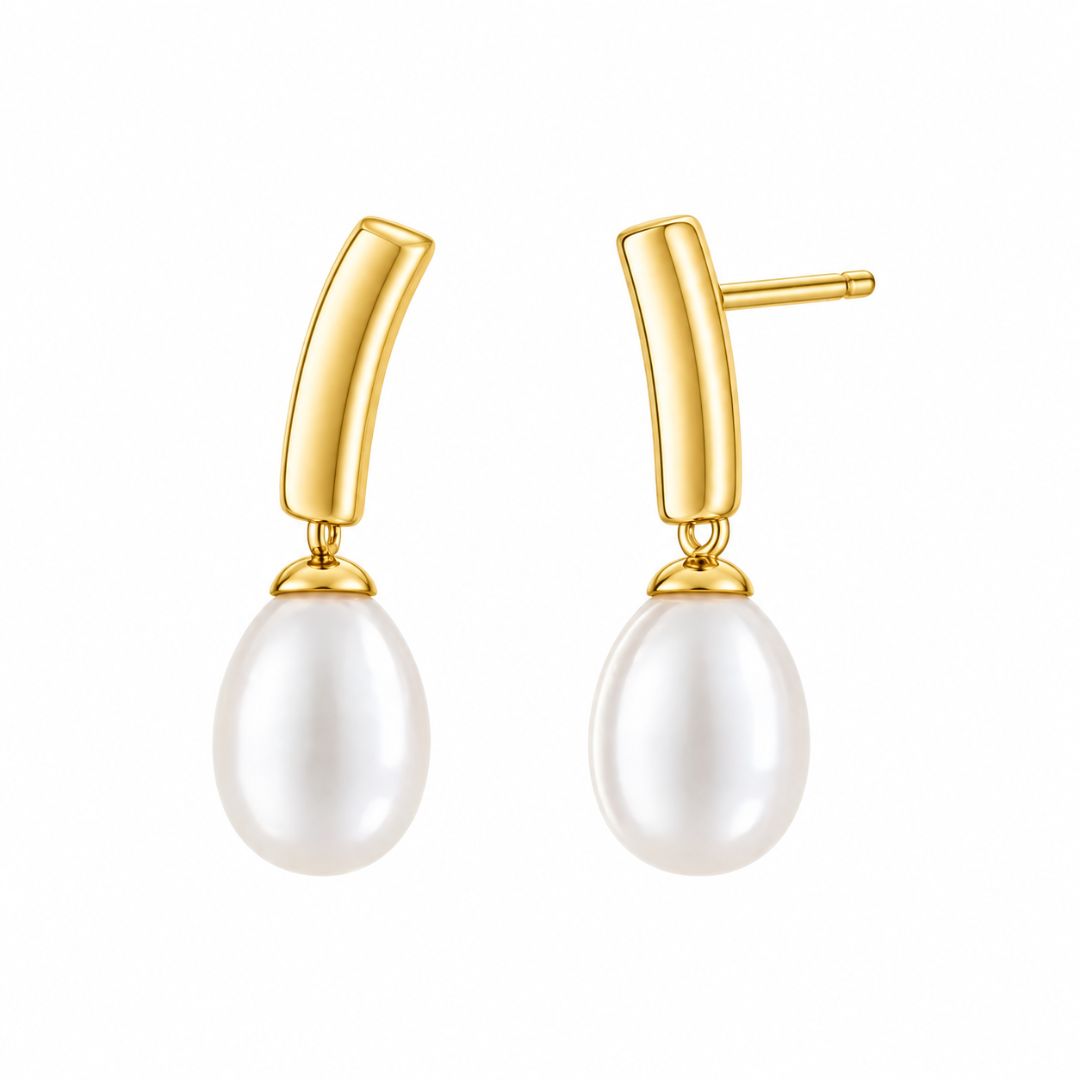 Pendientes de Plata Dorada con Perla Blanca 9 mm Espiga