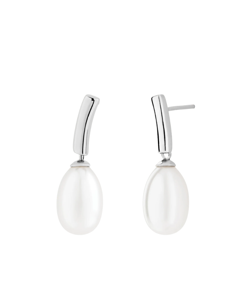 Pendientes de Plata Rodiada con Perla Blanca 9 mm Espiga
