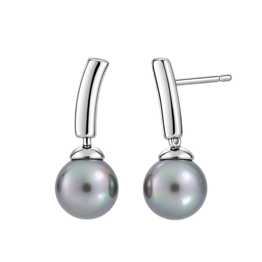 Pendientes de Plata Rodiada con Perla Gris 8 mm Espiga