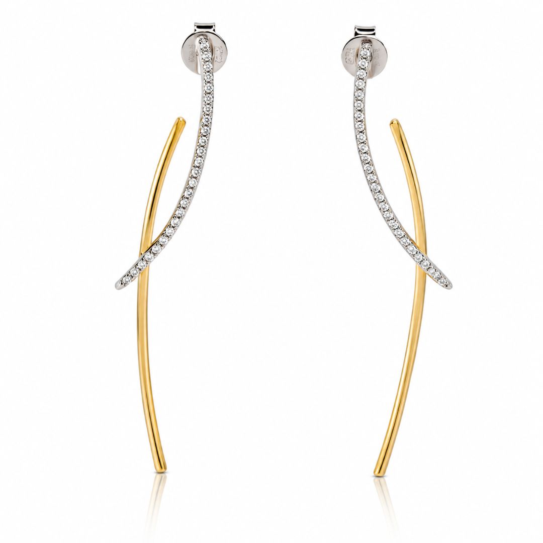 Pendientes de Plata de Ley 925 Bicolor Largos con Circonitas – Diseño Moderno y Atrevido
