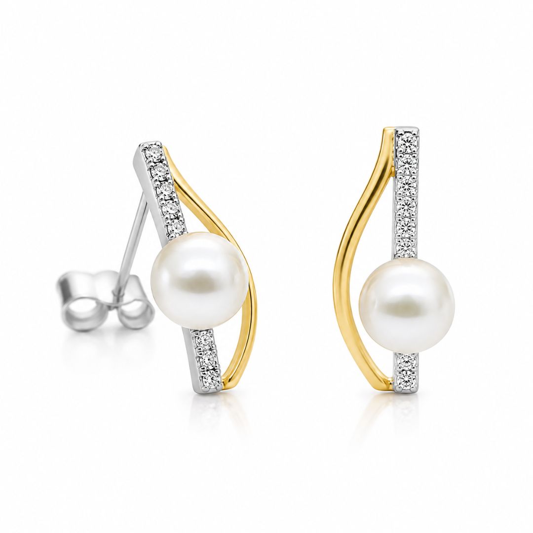 Pendientes de Plata de Ley 925 Bicolor con Perla y Circonitas – Diseño Delicado