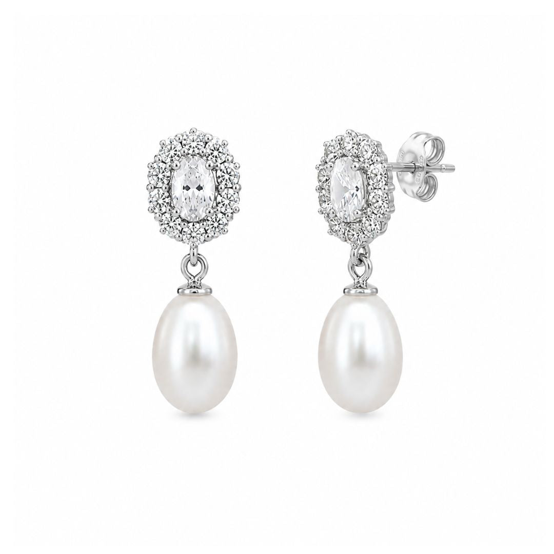 Pendientes de Plata de Ley 925 con Perla Natural y Circonitas