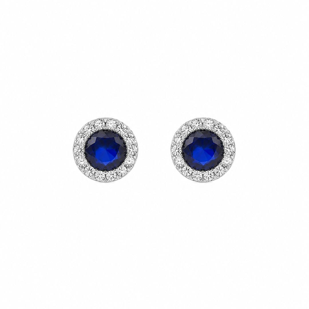Pendientes de Plata de Ley 925 con Piedra Azul Zafiro y Halo de Circonitas