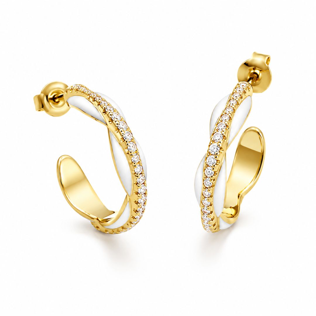 Pendientes de Semi Aro de Plata 925 Chapada en Oro con Esmalte Crema y Circonitas