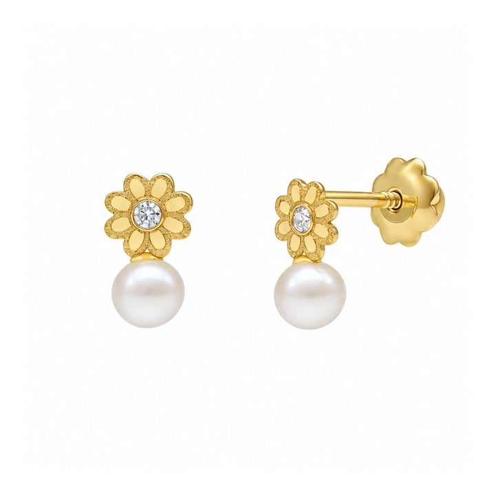 Pendientes de bebé de oro 18K con margarita y perla · 4 × 7 mm
