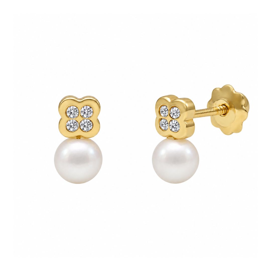 Pendientes de bebé de oro 18K con trébol de circonitas y perla · 4,5 × 8 mm
