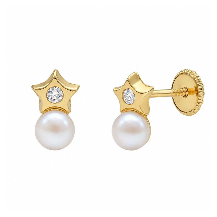 Pendientes de estrella en oro de 18K con perla y circonita · 4,5 × 7 mm