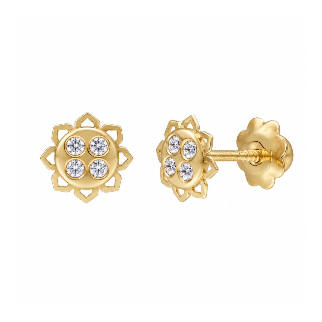 Pendientes de flor calada de oro 18K con circonitas · 5 mm