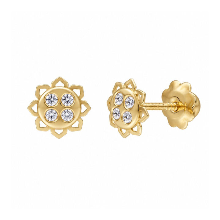 Pendientes de flor calada de oro 18K con circonitas · 5 mm