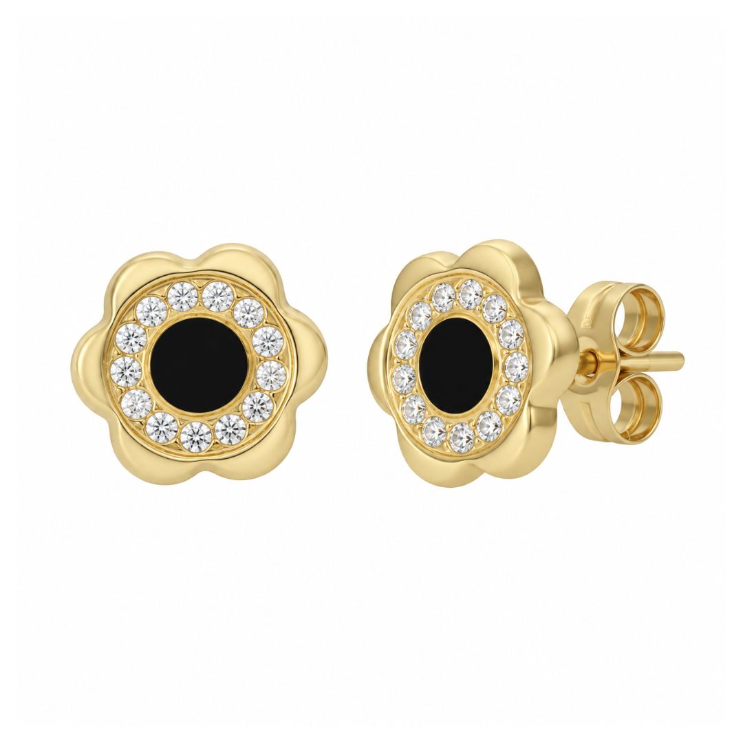 Pendientes de flor de oro 18K con esmalte negro · 8 mm