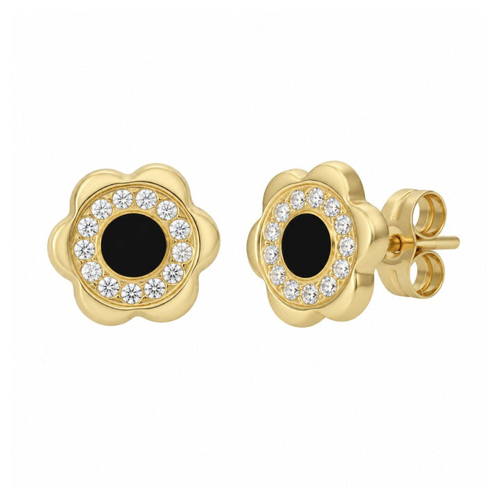 Pendientes de flor de oro 18K con esmalte negro · 8 mm