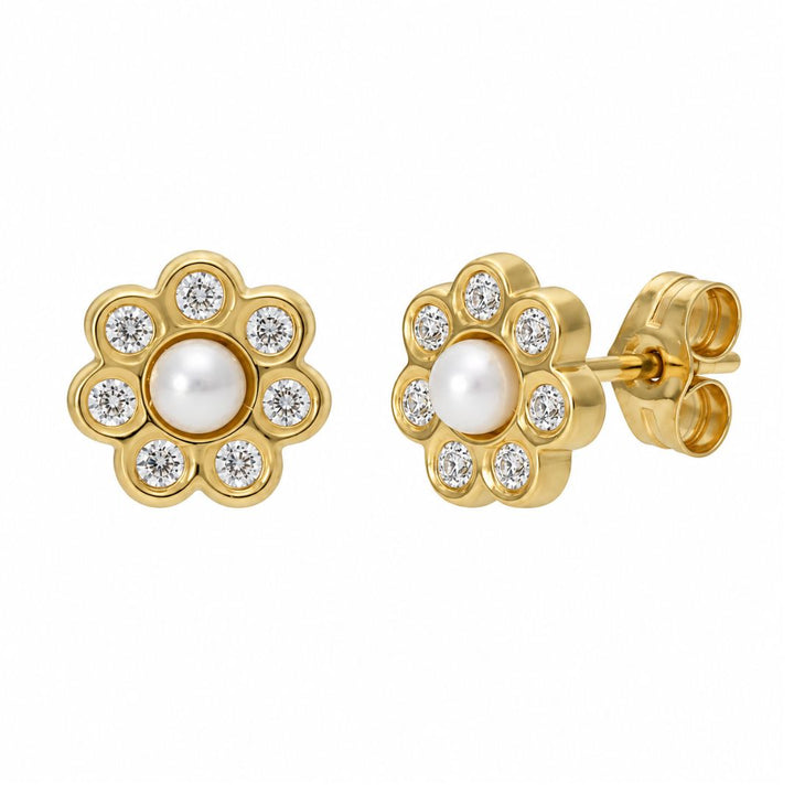 Pendientes de flor de oro 18K con perla y circonitas · 7 mm