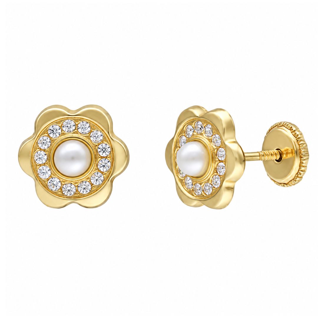Pendientes de flor de oro 18K con perla y circonitas · 8 mm