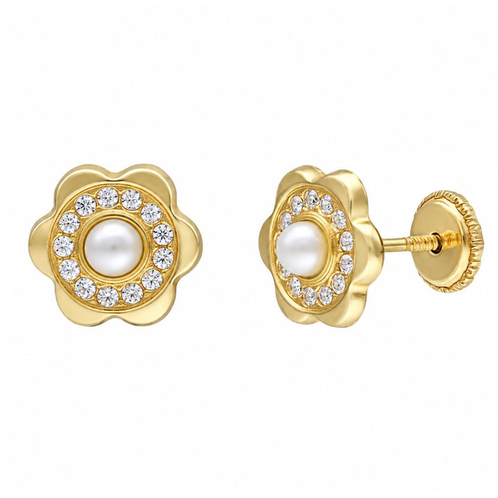 Pendientes de flor de oro 18K con perla y circonitas · 8 mm