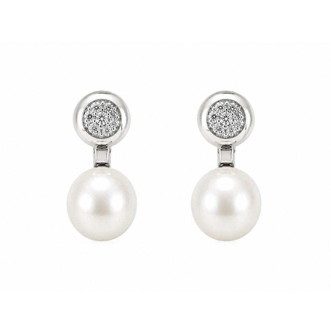 Pendientes redondos de plata con circonitas y perla TU y YO de Salvatore