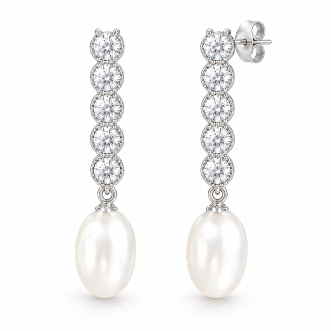 Pendientes largos de plata con piedras en línea y perla