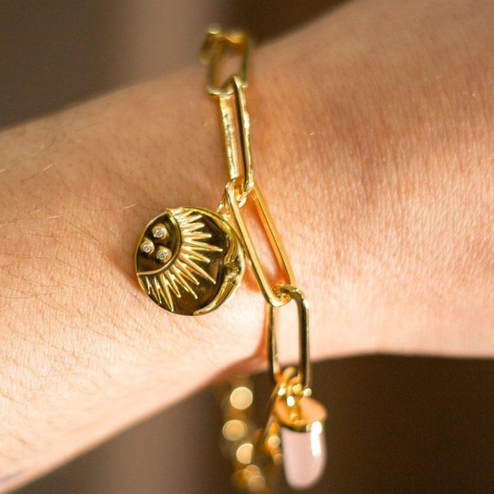 Pulsera de Plata de Ley 925 con Cuarzo Rosa, Malaquita y Sol – Diseño Bohemio